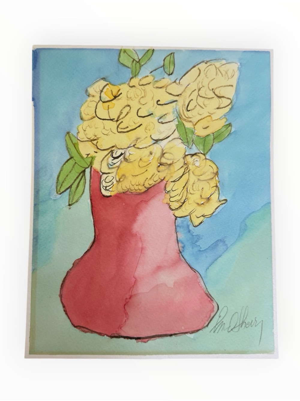 Original Watercolor Floral Print in Pink Vase signed Enid Sherry